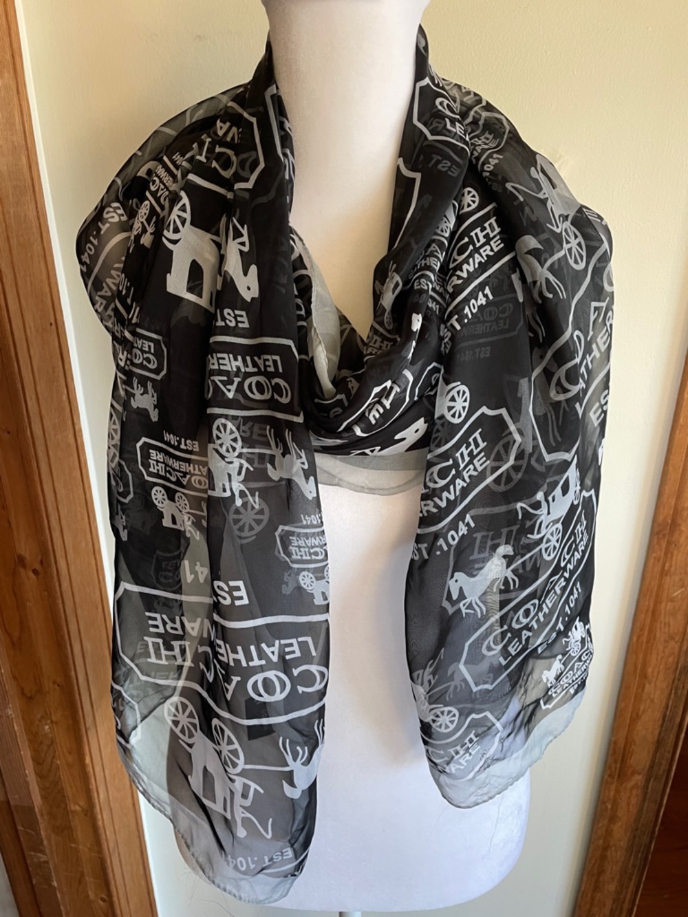 COACH Black and White Logo Horse & Carriage Print Silk Oblong Scarf